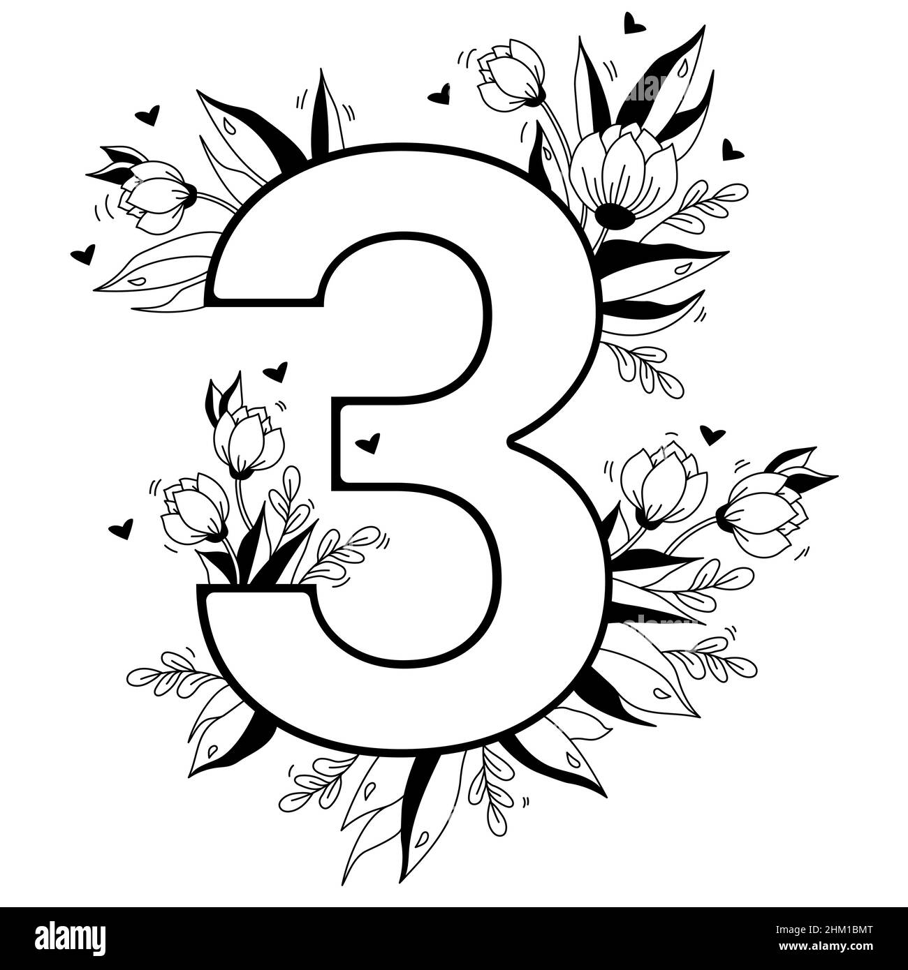 Numero di fiori. Motivi floreali decorativi numeri tre. Big 3 con fiori, boccioli, rami, foglie e cuori. Illustrazione vettoriale su sfondo bianco Illustrazione Vettoriale