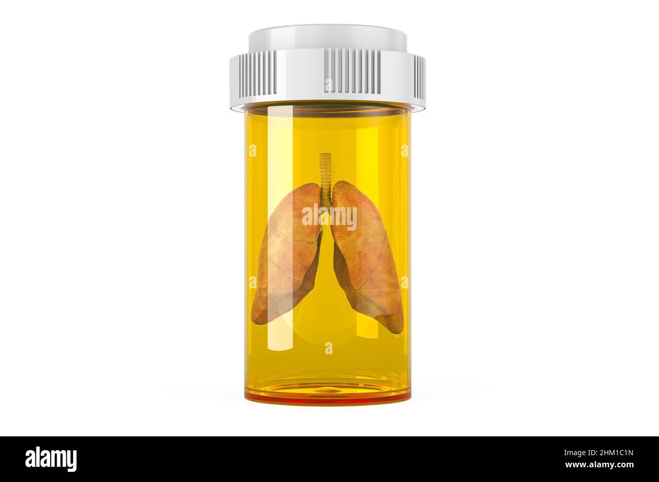 Polmoni umani all'interno del flacone medico da pillole. Concetto di polmoni e farmaci. 3D rendering isolato su sfondo bianco Foto Stock