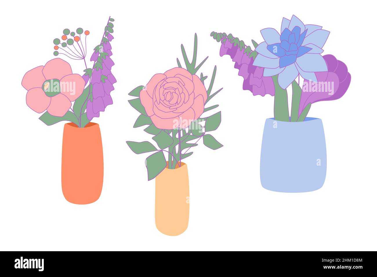 Bouquetes di fiori di fiore in vasi di ceramica minimalistica Vector astratto rosa, cocchi, winterberry, bluebell, narcischi, fiore ombelico in vaso Illustrazione Vettoriale