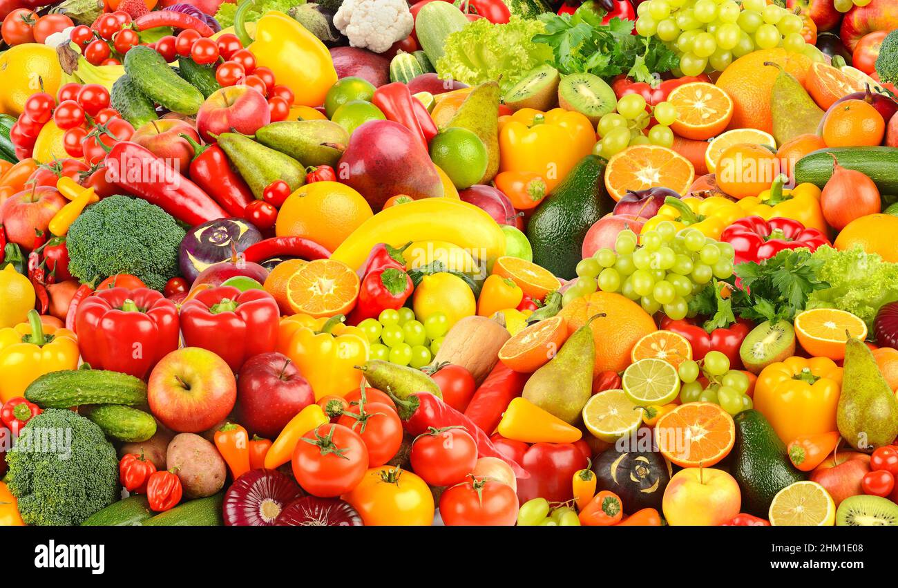 Sfondo di frutta e verdura fresche e sane. Foto Stock