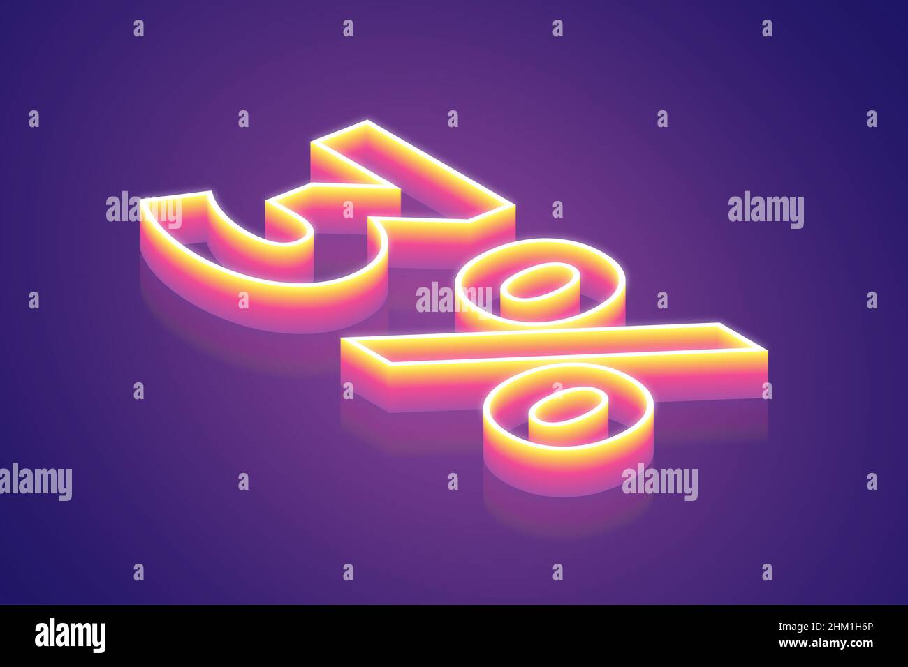 3D rendering 3% di sconto, la migliore illustrazione di simboli digitali per il concetto meta TECH, sfumatura rosa neon luce brillante su sfondo viola Foto Stock