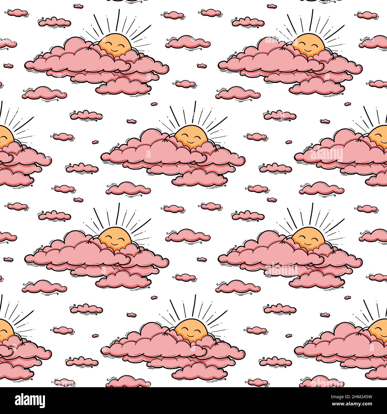 Cute nuvola e sole sfondo vettoriale senza interruzioni. Sorridente sole bambini illustrazione isolato sul cielo rosa. Sfondo estivo. Design divertente per bambini e abbigliamento per bambini. Illustrazione Vettoriale