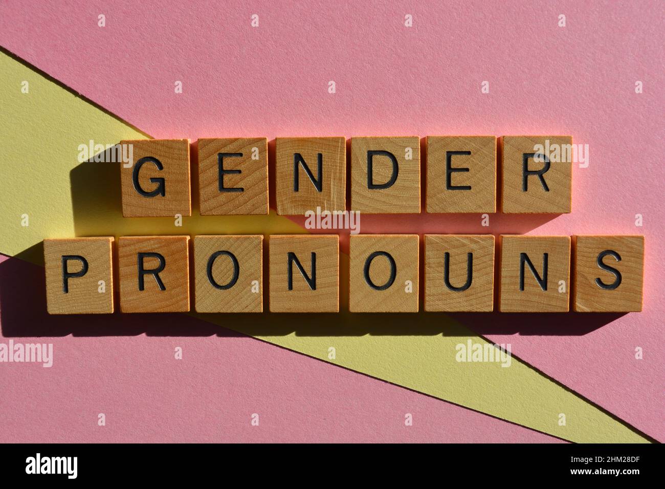 Pronomi di genere, parole in lettere di legno isolate su sfondo rosa e giallo Foto Stock