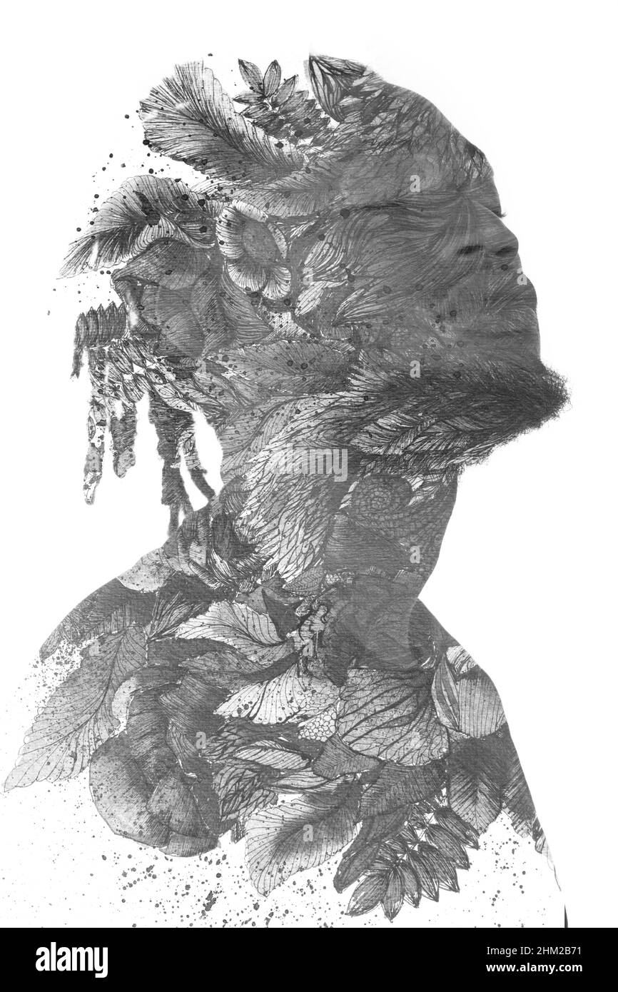 Pittura. Un ritratto di un modello maschio combinato con un disegno. Foto Stock