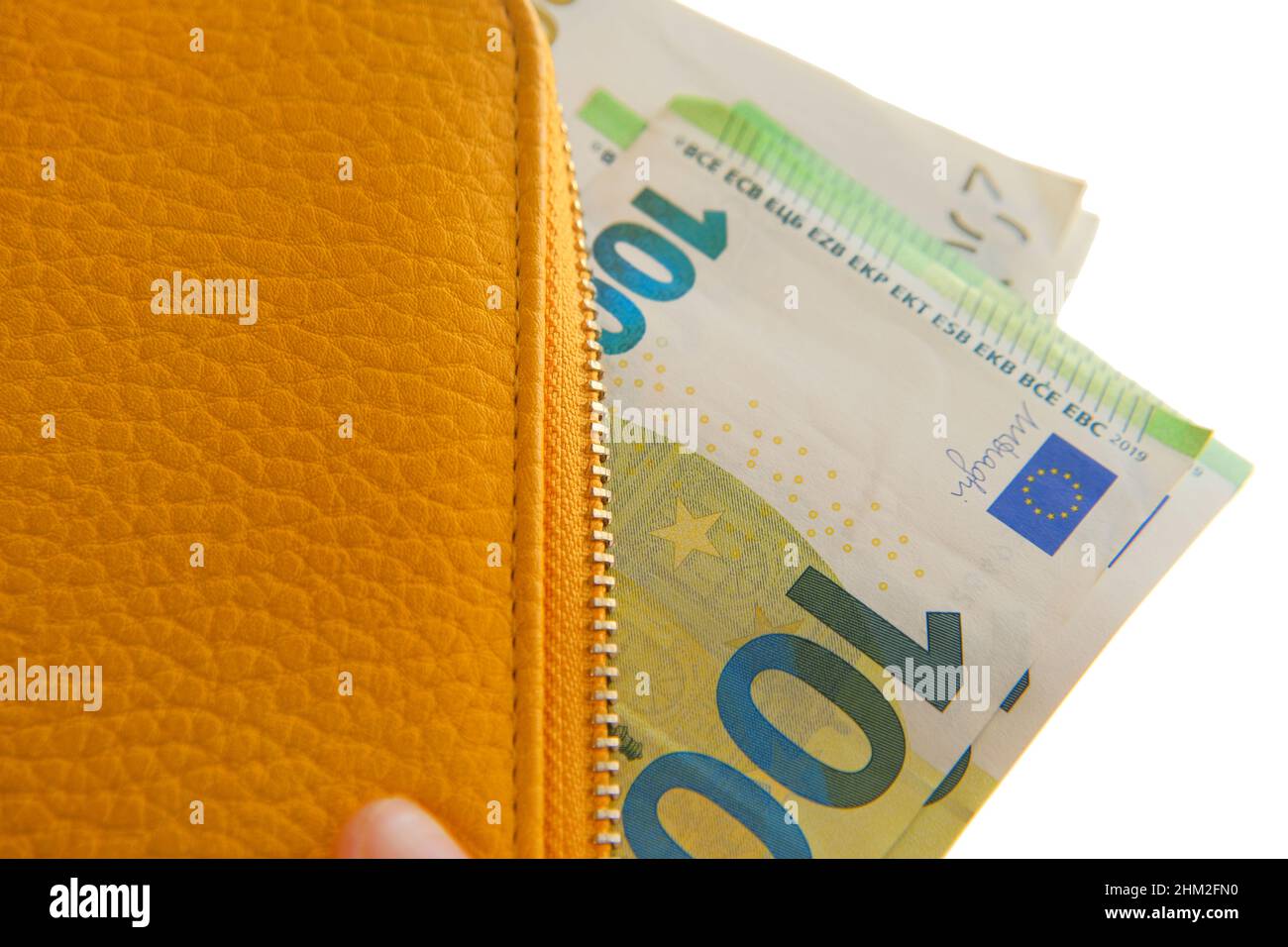 Portafoglio con valuta Money.Euro. Euro fattura in una borsa in mani femminili su uno sfondo. Moneta dell'Unione europea. Foto Stock