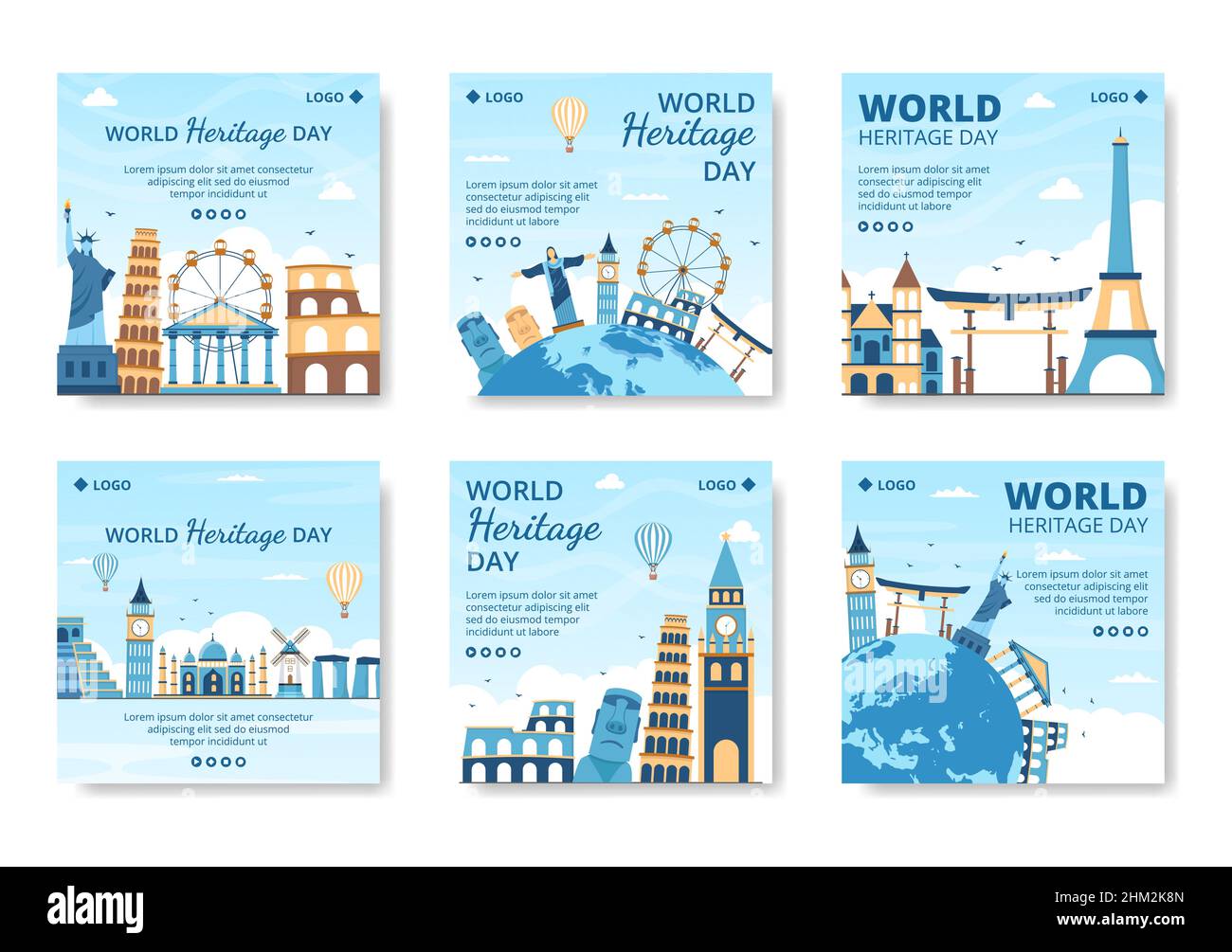 World Heritage Day Post Template Flat Design Illustrazione Editabile di sfondo quadrato adatto per i social media, biglietti d'auguri e annunci web Illustrazione Vettoriale