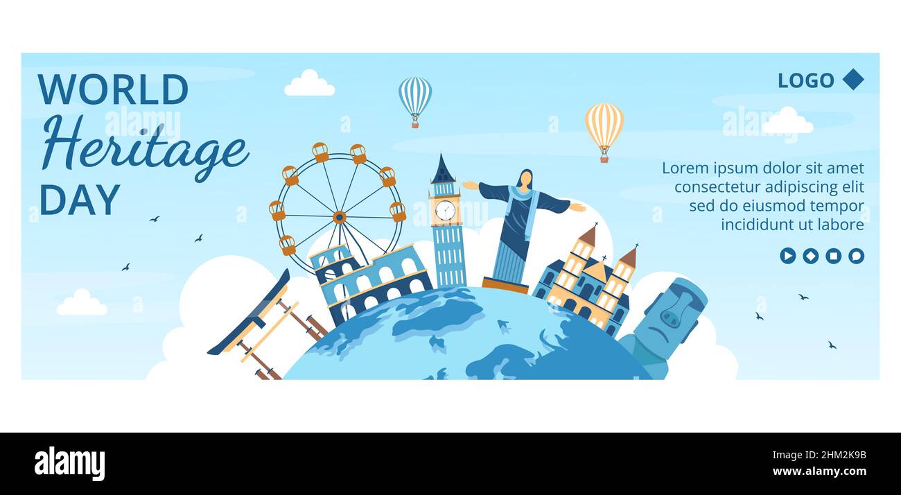 Modello di copertina del World Heritage Day illustrazione di design piatto modificabile di sfondo quadrato adatto per i social media, biglietti d'auguri e annunci Web Illustrazione Vettoriale