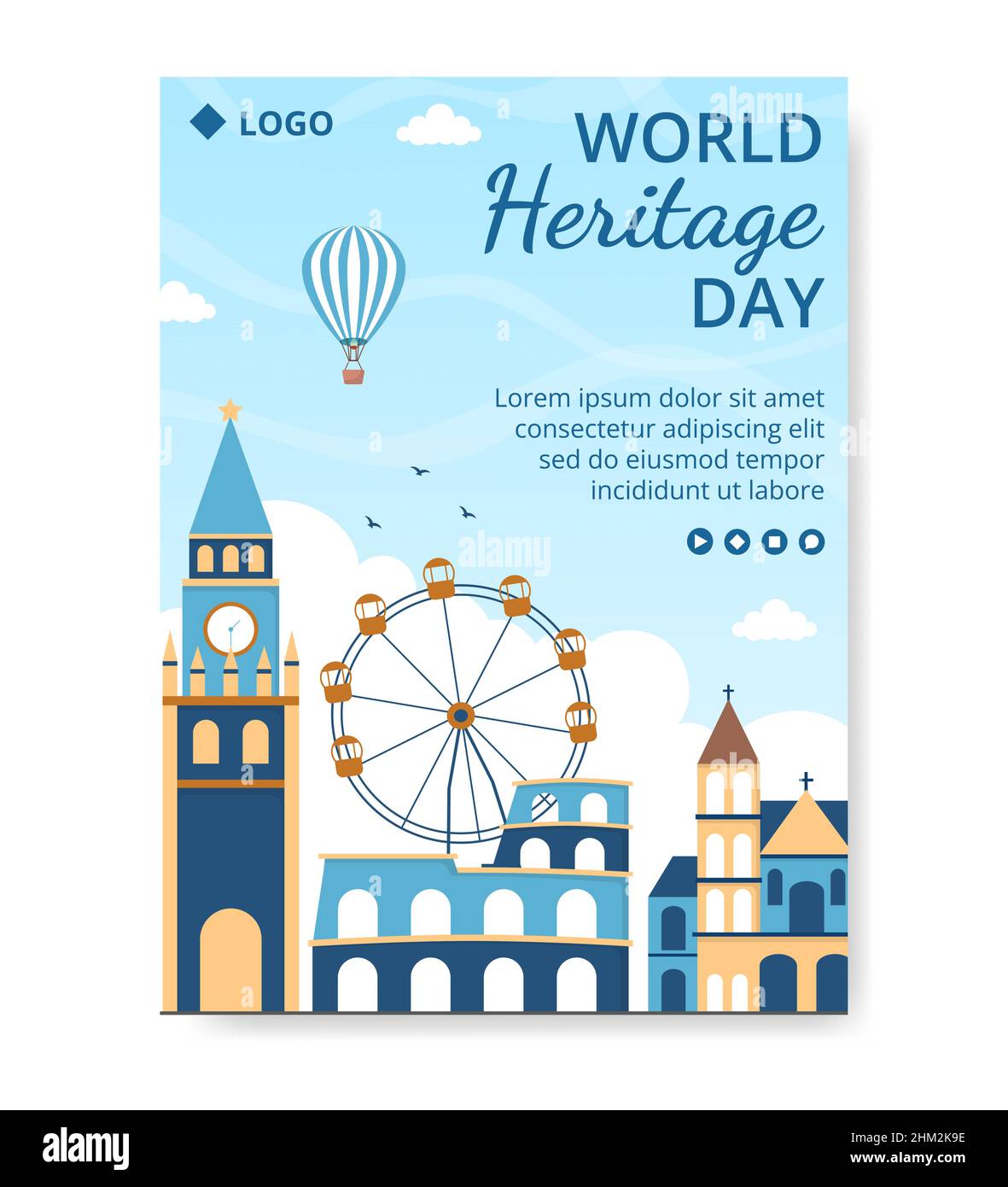 Modello di poster del giorno del Patrimonio Mondiale illustrazione di disegno piatta Editable di sfondo quadrato adatto per i mezzi sociali, biglietto di auguri e Web Ads Illustrazione Vettoriale