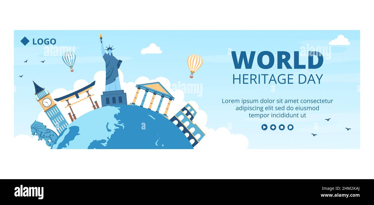 Modello di copertina del World Heritage Day illustrazione di design piatto modificabile di sfondo quadrato adatto per i social media, biglietti d'auguri e annunci Web Illustrazione Vettoriale