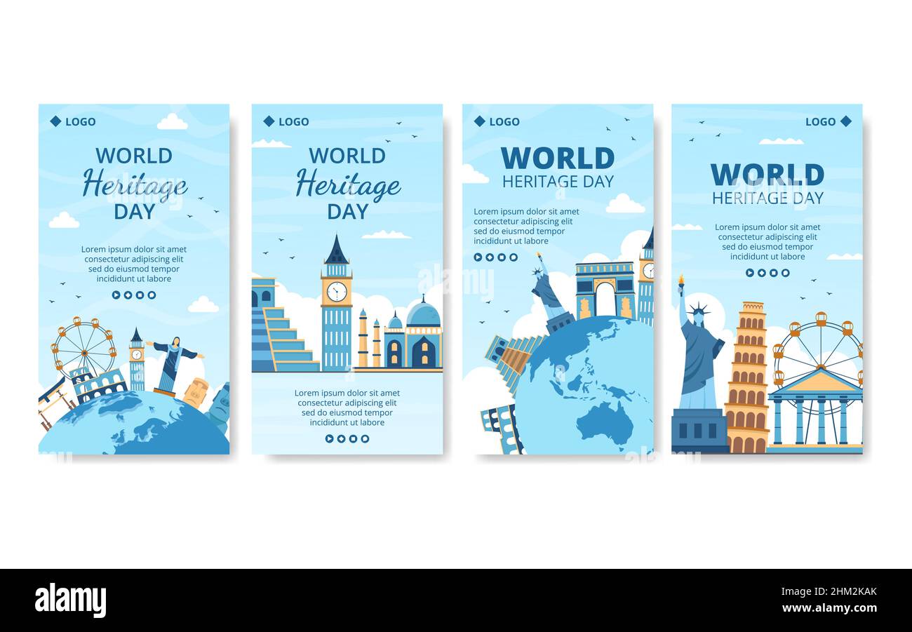World Heritage Day Stories modello Flat Design Illustrazione Editabile di sfondo quadrato adatto per i social media, biglietti d'auguri e annunci Web Illustrazione Vettoriale