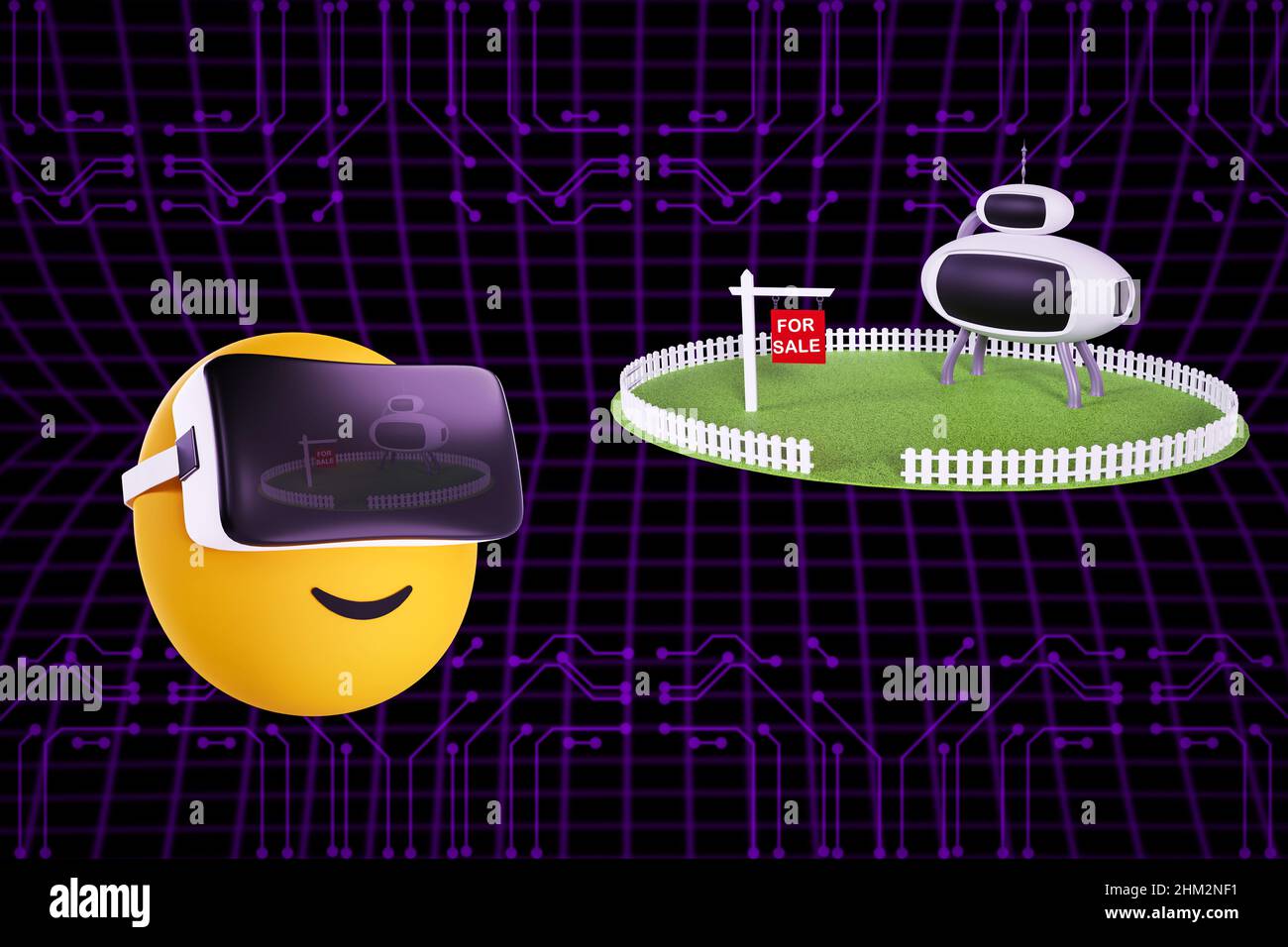 Emoji in visore di realtà virtuale guardando la proprietà immobiliare in vendita nel concetto metaverse, 3D illustrazione Foto Stock