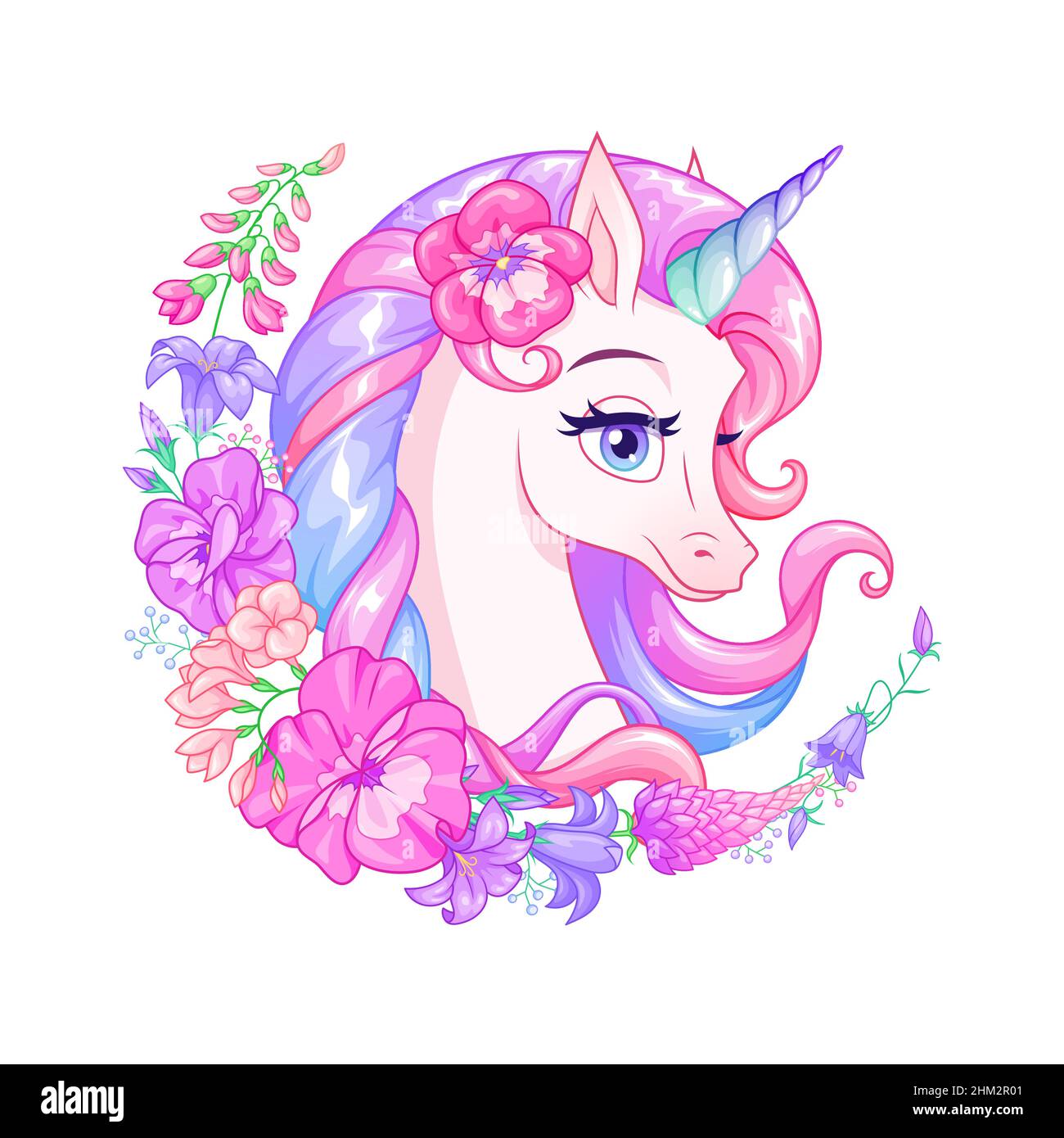 Simpatico unicorno cartoon circondato da fiori. Illustrazione vettoriale. Illustrazione Vettoriale