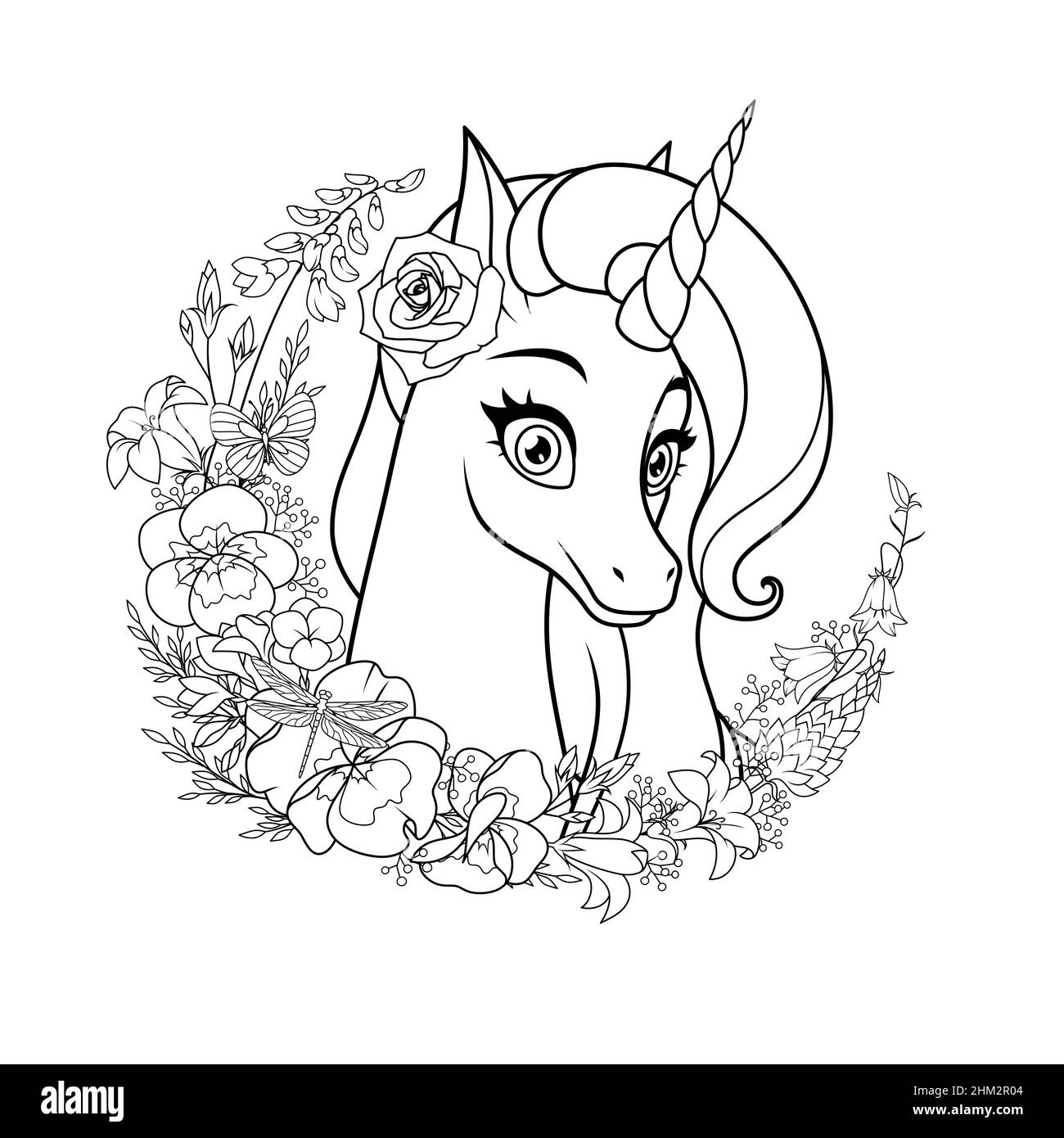 Bellissimo unicorno cartoon circondato da fiori. Pagina di colorazione vettoriale. Illustrazione Vettoriale