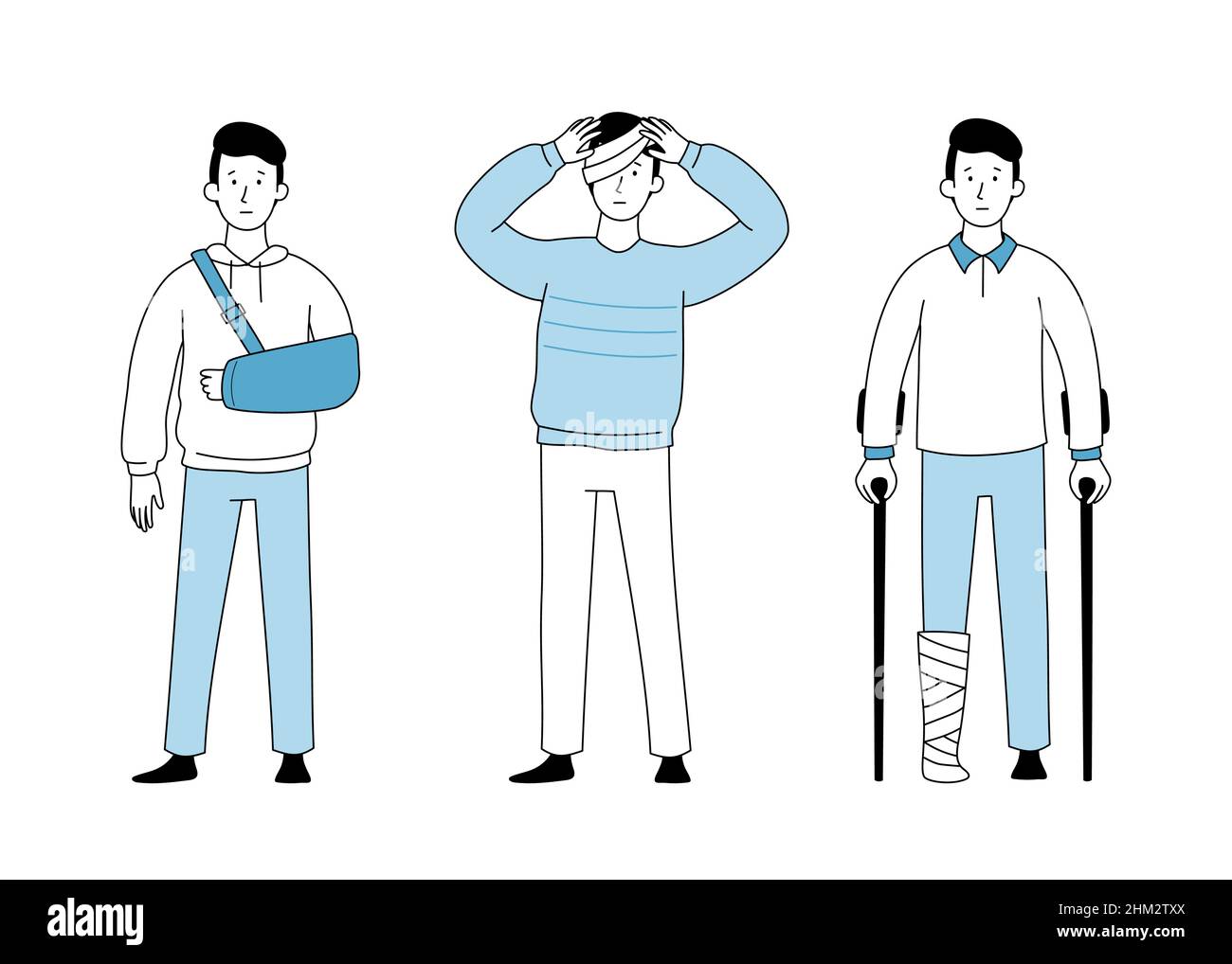 Lesione uomo con osso gamba incidente, braccio bendato, testa. Delineare il personaggio infortunato stile scarabocchio. Paziente malato. Illustrazione vettoriale. Illustrazione Vettoriale