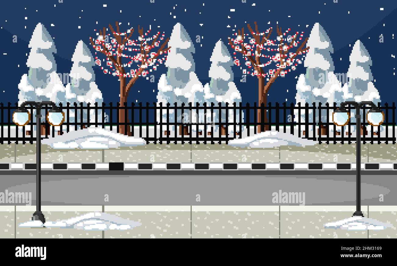 Alberi di pino coperti di neve e la strada in illustrazione della città Illustrazione Vettoriale