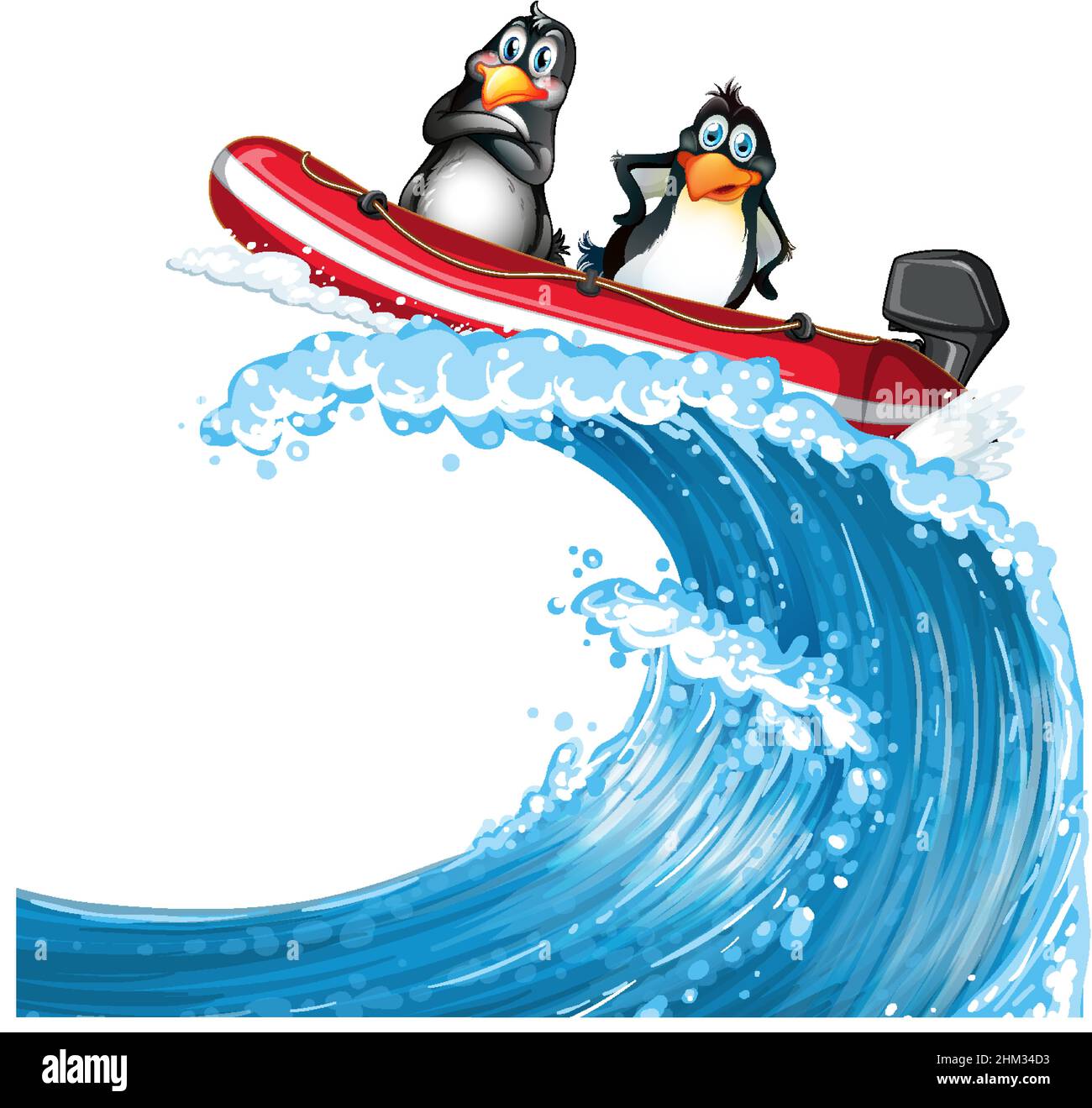 Pinguini su un motoscafo in stile cartoon illustrazione Illustrazione Vettoriale