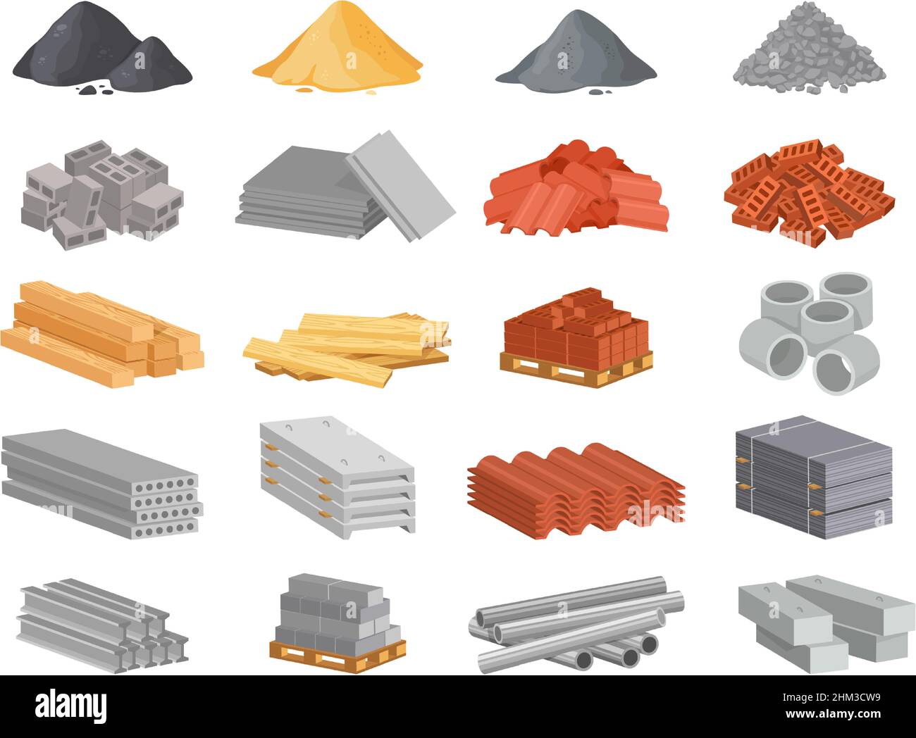 Materiali da costruzione cartoni animati. Mucchi di sabbia, cemento e pietre. Pile di mattoni rossi, assi di legno ed elementi di metallo del tetto per l'industria edilizia della casa e set vettoriale di rinnovamento Illustrazione Vettoriale