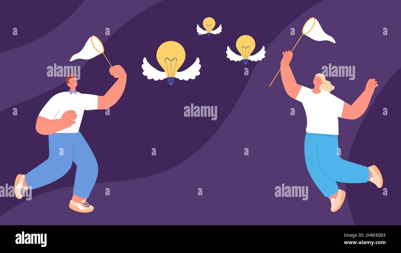 Persone aziendali che catturano idee. Persona con rete e lampade volanti, lavoro di squadra o brainstorm. Personaggi vettoriali creativi per bambina e ragazzo Illustrazione Vettoriale