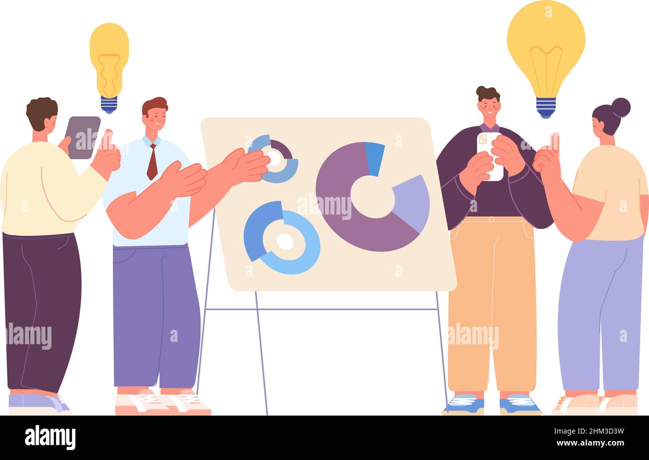 Discussione sullo sviluppo del progetto. Team idee concorsi, persone creative comunicazione in bacheca di lavoro con grafici. Riunione dei responsabili aziendali dell'ufficio Illustrazione Vettoriale