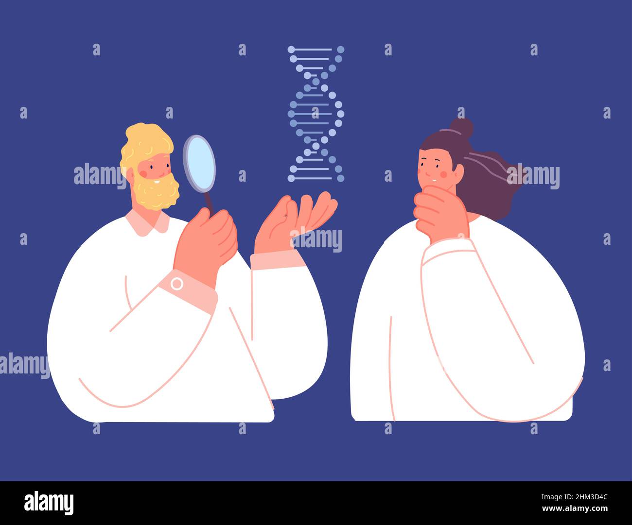 Gli scienziati ricercarano la spirale del DNA. Genetica e chimica, biologia molecolare umana. Visita medica, due personaggi vettoriali premurosi Illustrazione Vettoriale