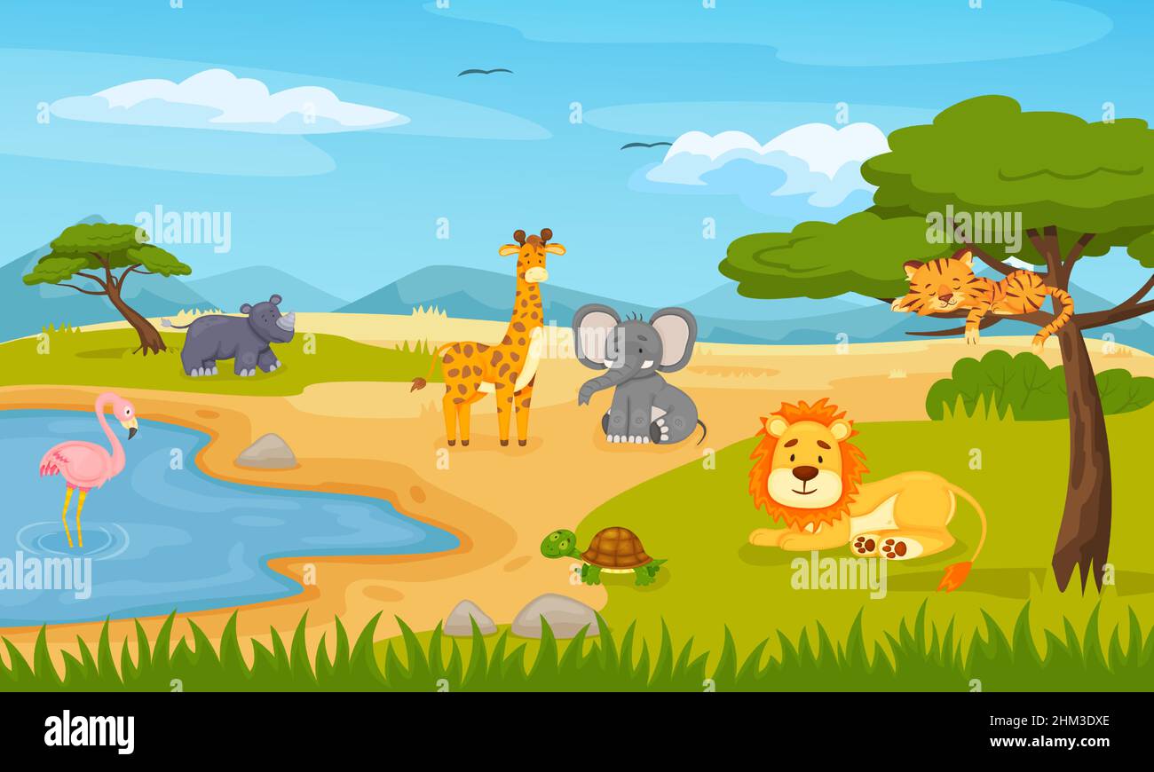 Animali selvatici Cartoon in savana. Ambiente all'aperto, safari fauna selvatica con laghetto per il flamingo carino, giraffa, rinoceronte e tartaruga. Flora e fauna africana bella illustrazione vettoriale Illustrazione Vettoriale
