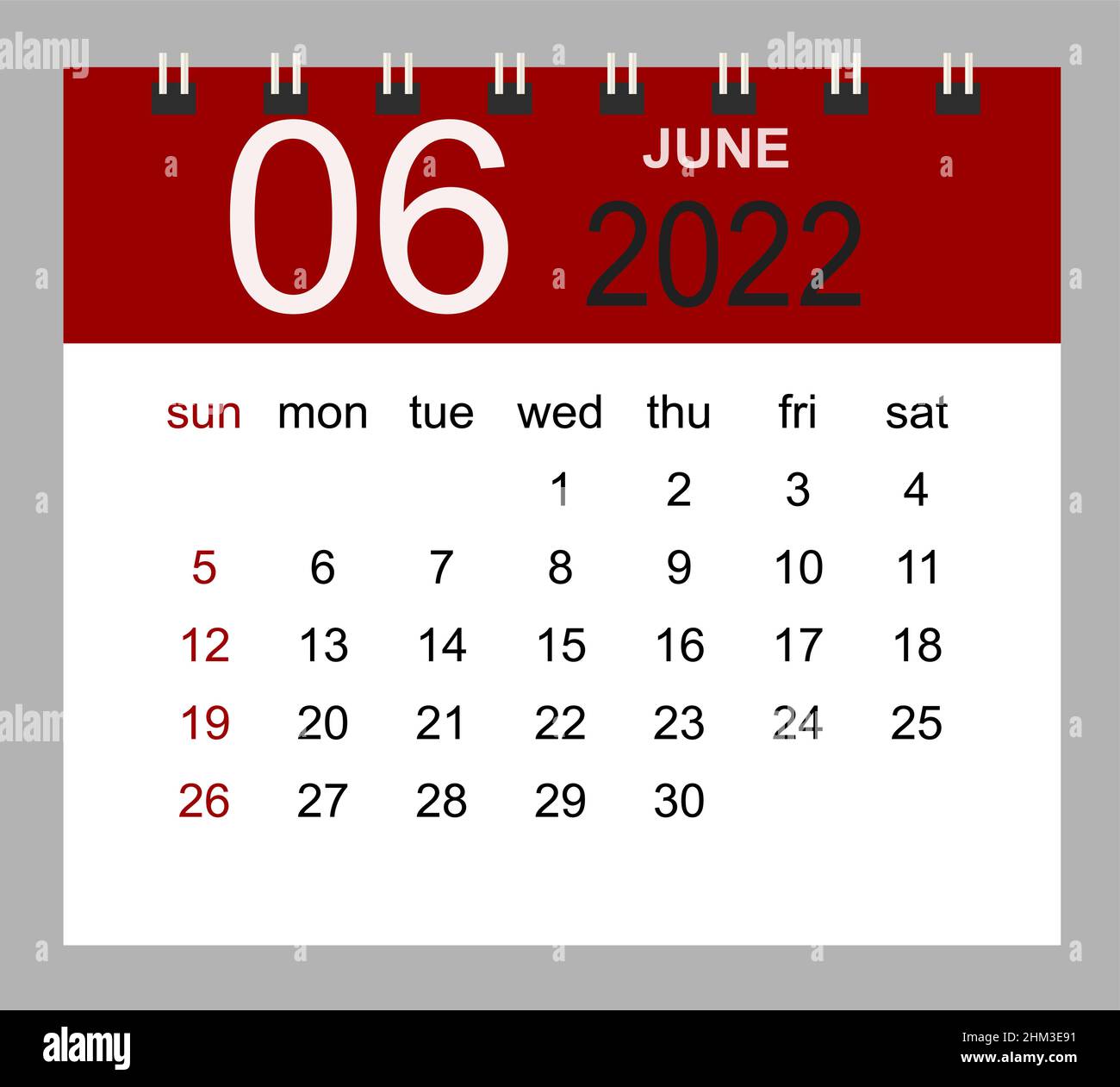 Giugno 2022. Modello di calendario mensile vettoriale 2022 anni in stile semplice per la progettazione di modelli. La settimana inizia da domenica. Illustrazione Vettoriale