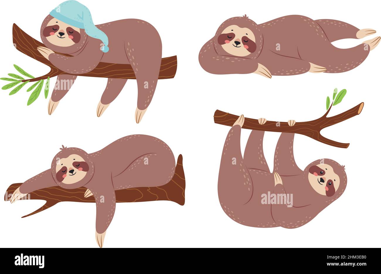 Panno morbido e morbido. Personaggi sonnolenti dei cartoni animati appesi sul ramo. Animali divertenti in diverse pose. Amabile albero di arrampicata mammifero della foresta pluviale, rilassante su pianta in dormire cappello isolato vettore set Illustrazione Vettoriale
