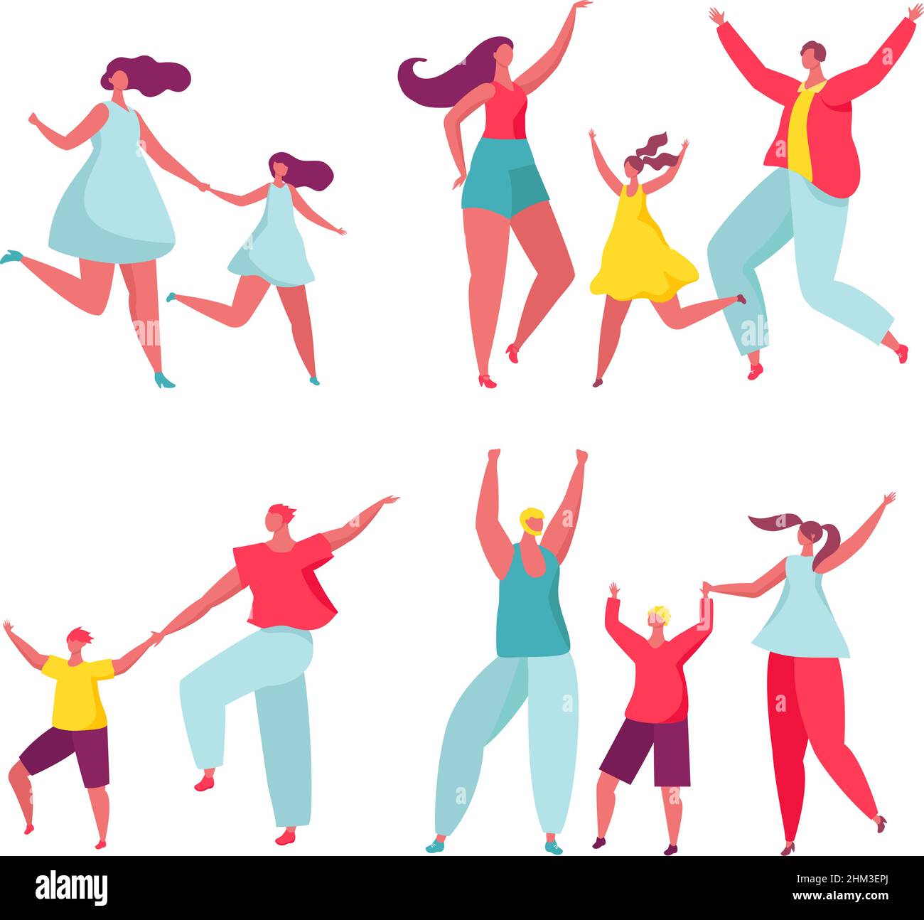 Buon ballo di famiglia. Bambini e genitori trascorrono il loro tempo insieme. Madre, padre, figlio e figlia che si esibiscono a ballare, divertendo a festa. Cartoon cheerful caratteri moving vettore Illustrazione Vettoriale