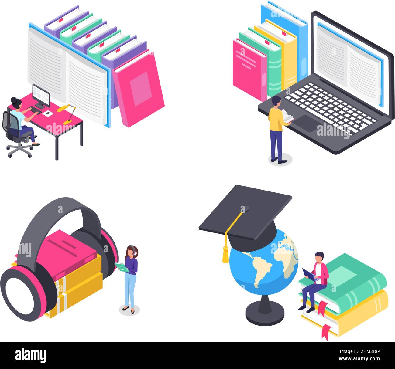 Formazione online isometrica. Studenti che studiano in biblioteca elettronica, leggendo libri su computer e computer portatili. Ascolto di audiolibri in cuffia, apprendimento della geografia con il set vettoriale globo Illustrazione Vettoriale