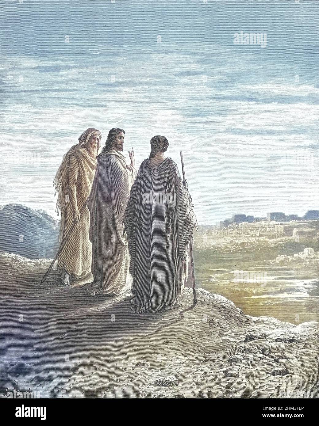 Gesù e i due discepoli che vanno a Emmaus [Luca 24:26-27] dal libro 'la Galleria della Bibbia' illustrato da Gustave Dore con memorie di Dore e lettera-stampa descrittiva di Talbot W. Chambers D.D. Pubblicato da Cassell & Company Limited a Londra e contemporaneamente da Mame a Tours, Francia nel 1866 Foto Stock