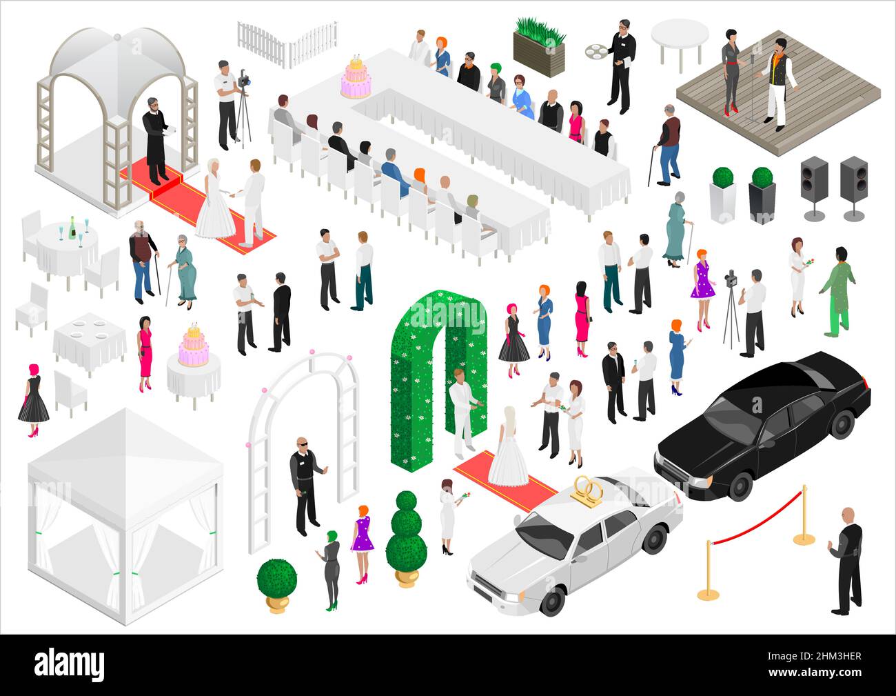 Schema isometrico di una festa di nozze. Grafica vettoriale. Un insieme di elementi e persone. Illustrazione Vettoriale