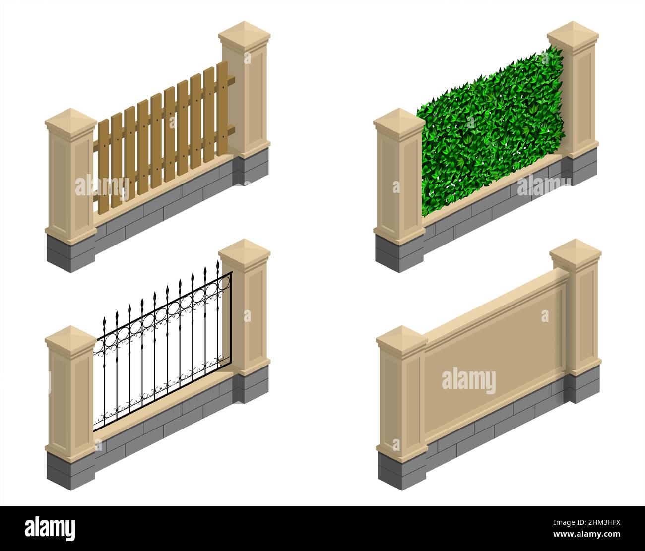 Set di recinzioni in pietra, bordi e pareti in una vista isometrica. Rete, filo spinato, verde. Illustrazione Vettoriale
