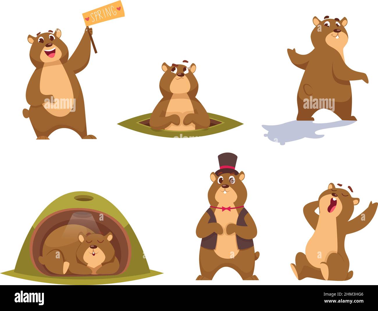 Groundhog. Jolly divertente animale simboli di Groundhog giorno tempo loop caratteri vettore esatto illustrazioni piatte in stile cartoon Illustrazione Vettoriale