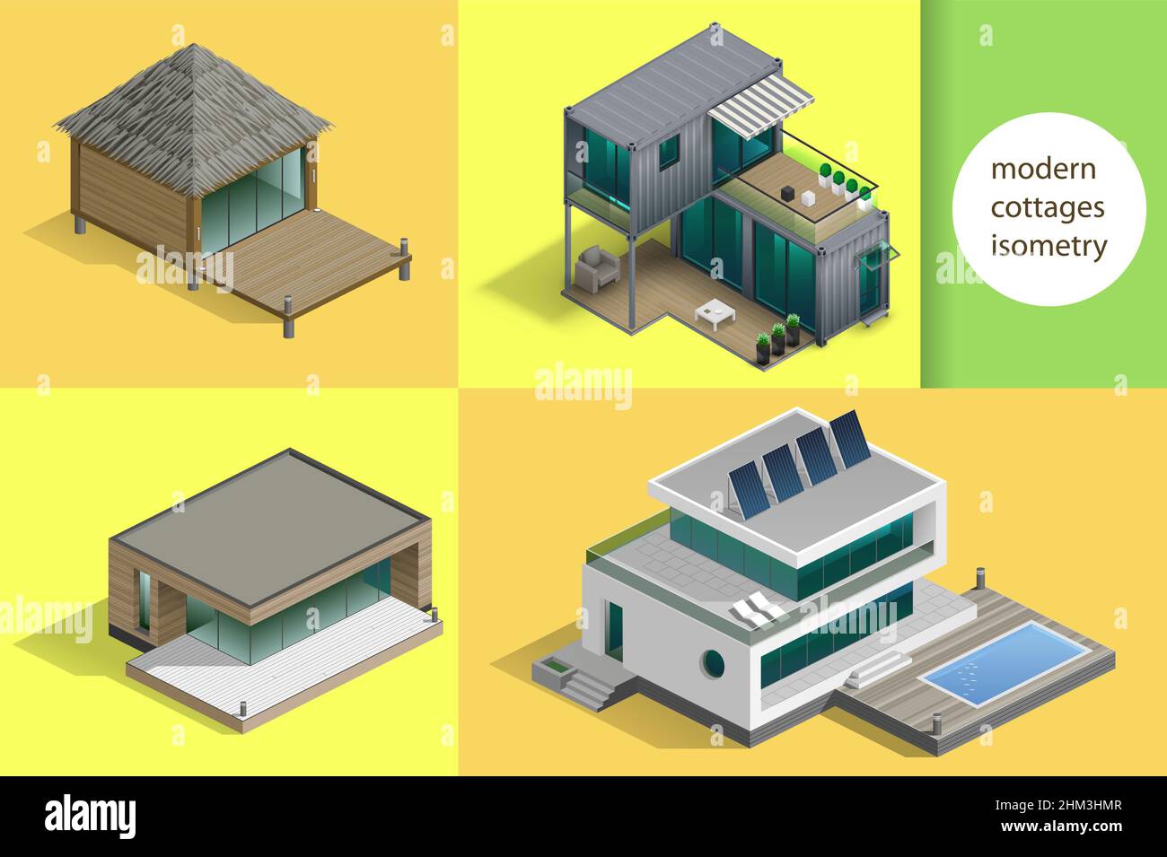 Insieme di cottage e case moderni in schemi isometrici. Grafica vettoriale Illustrazione Vettoriale