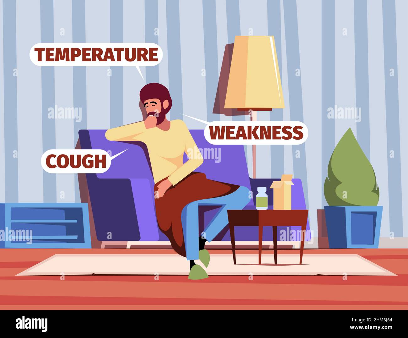 Persona malata sul divano. Ricreazione persona da flu famiglia medicamento sanitario per la prevenzione garish vettore colorato fondo piatto Illustrazione Vettoriale
