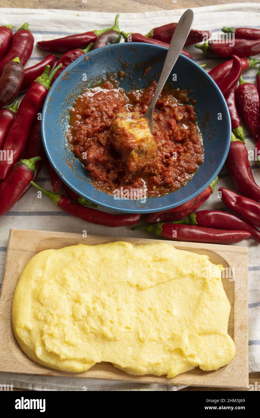 polenta con costolette di maiale in salsa di pomodoro Foto Stock