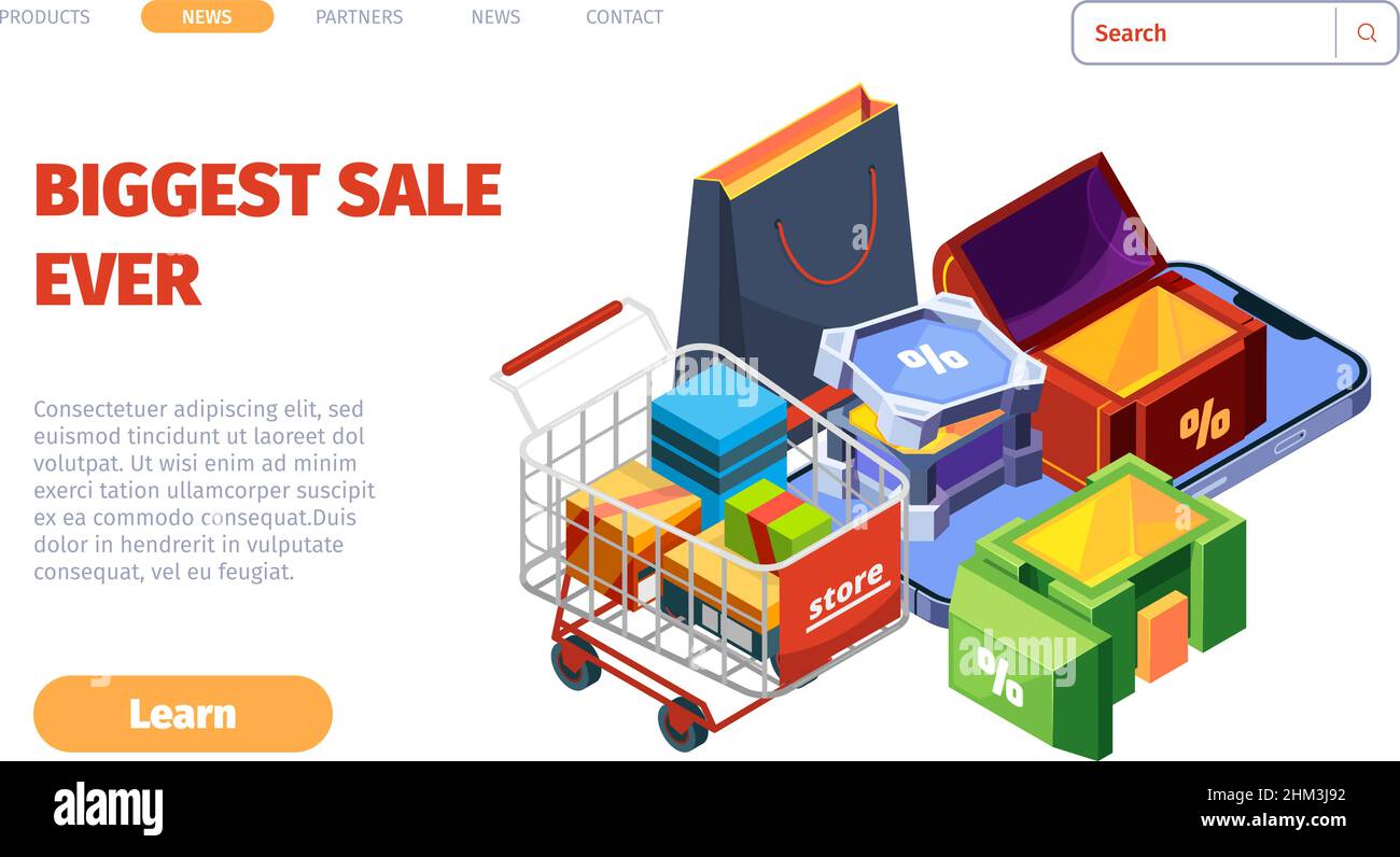 Atterraggio regalo. Business loyalty promotions web page con pacchetti regalo scatole colorate contenitori da favola garish vettore modello con posto per Illustrazione Vettoriale