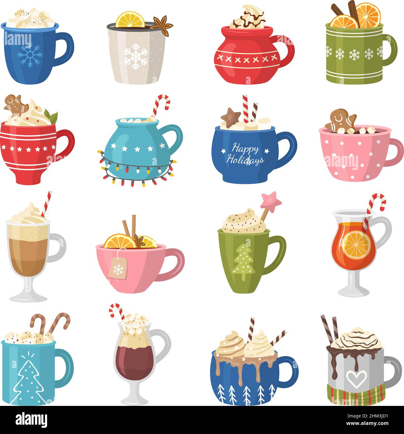 Bevande di Natale. Bevande prodotti liquidi in tazza decorativa varie deliziose bevande calde cappuccino e tè recente collezione di immagini vettoriali Illustrazione Vettoriale