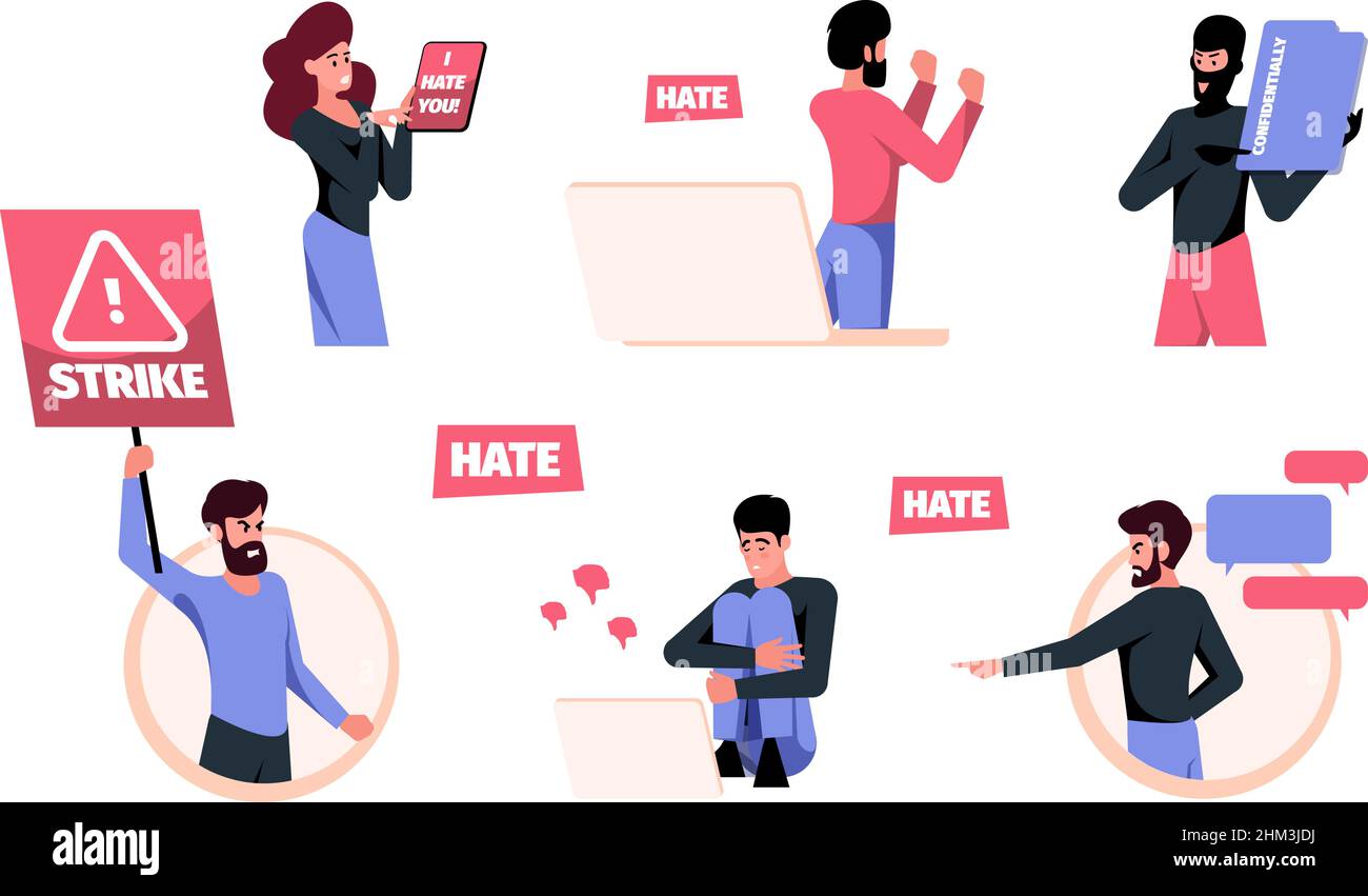 Cyberbullismo. Social media aggressivo odio paura persone da internet harrasment vergogna e incolpare la cultura haters garish vettore cyberbulling concetto Illustrazione Vettoriale