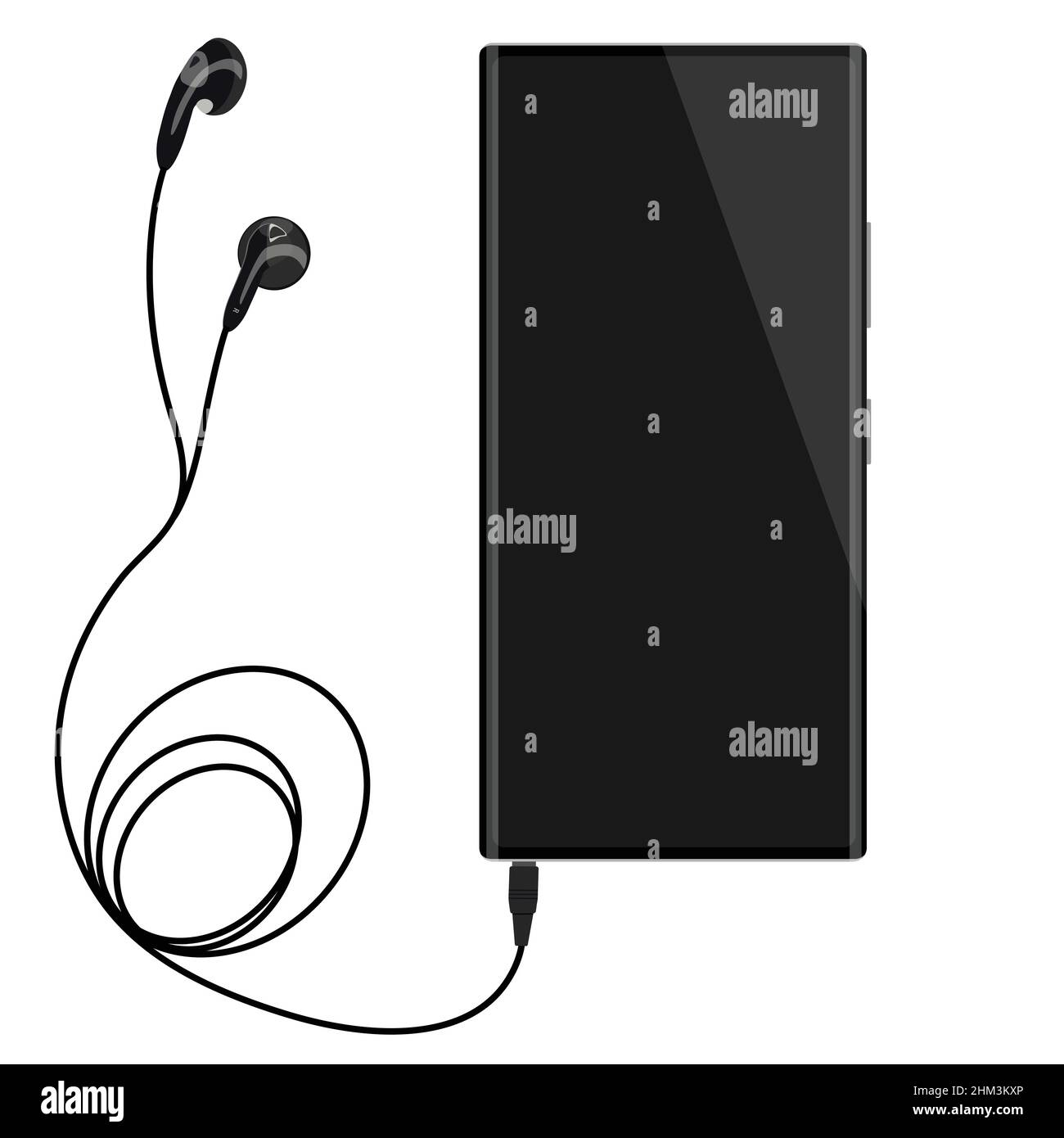 Lo smartphone con schermo vuoto si collega alle cuffie con cavo a spirale. Vettore Illustrazione Vettoriale