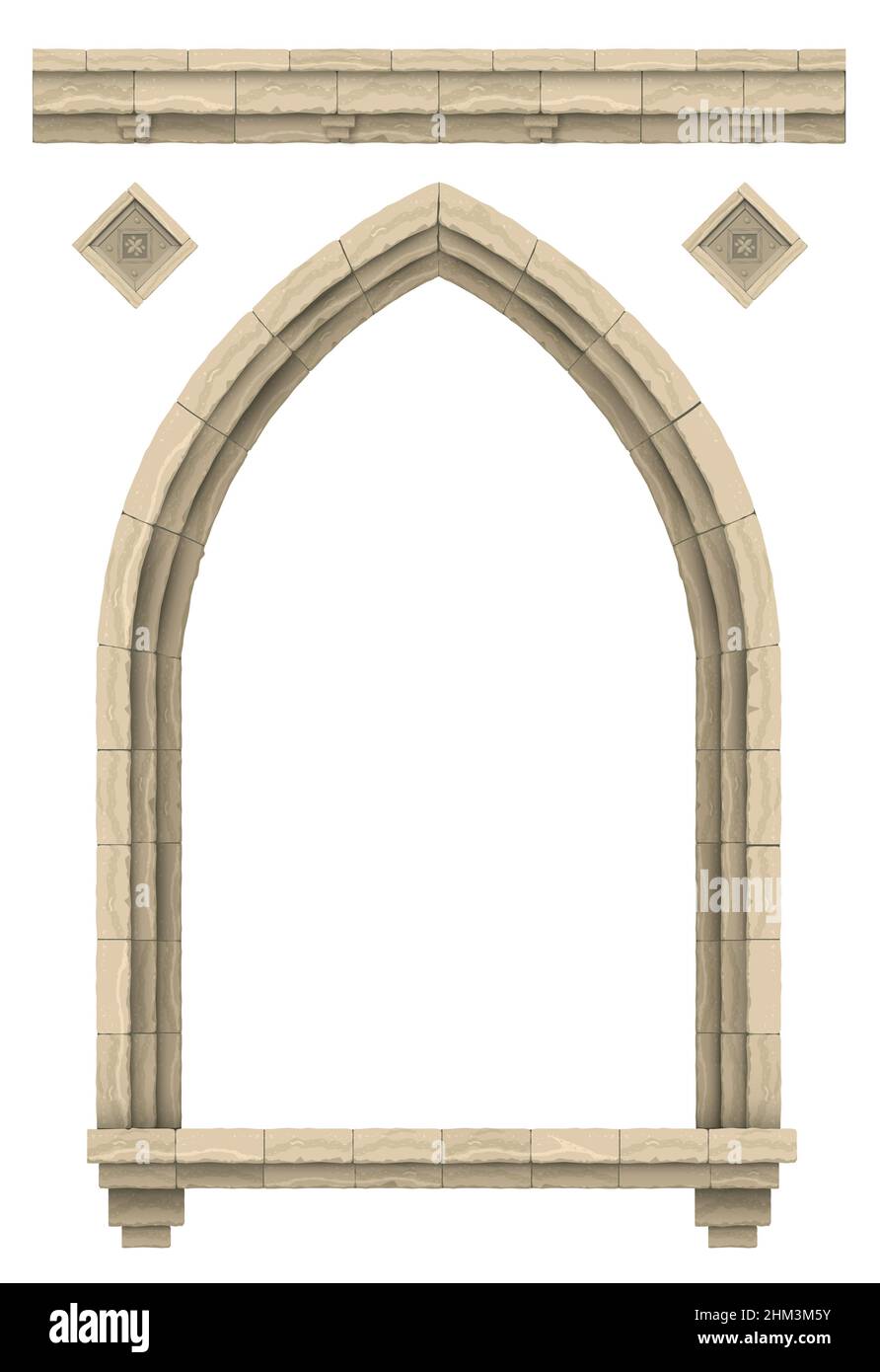 Grafica vettoriale. Modello su sfondo bianco. Applicazione per facciate. Pietra beige antico castello gotico o arco tempio Illustrazione Vettoriale
