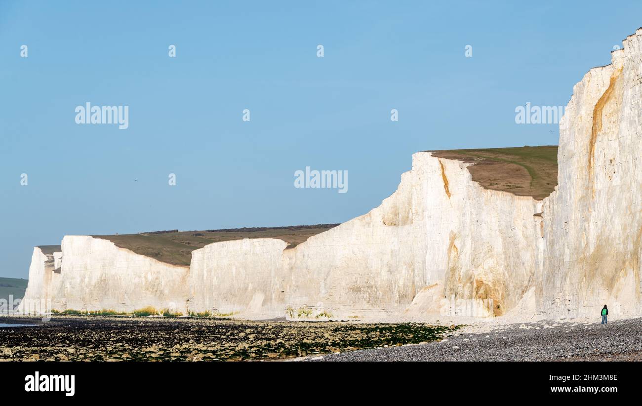 East Sussex, Regno Unito. 07th Feb 2022. Le sette Sorelle scogliere di gesso sulla costa del Sussex orientale, Regno Unito. Secondo una ricerca pubblicata sulla rivista scientifica Conservation Biology, appena il 15% delle regioni costiere del mondo rimane ecologicamente intatto. Nelle nazioni insulari, come il Regno Unito, sono state riscontrate pochissime aree intatte e spesso elevati livelli di degrado. Credit: Reppans/Alamy Live News Foto Stock