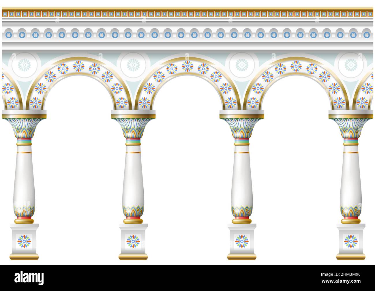 Favolosa facciata ad arco antico ad est o in antico stile russo con oro, mosaico, smalto bianco. Grafica vettoriale Illustrazione Vettoriale