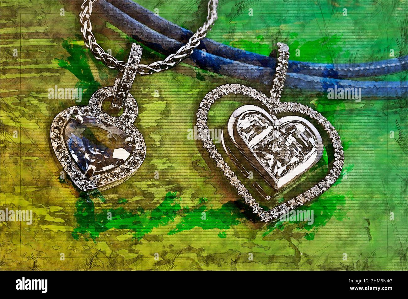 Illustrazione schizzo di un cuore e di un diamante d'argento Foto Stock