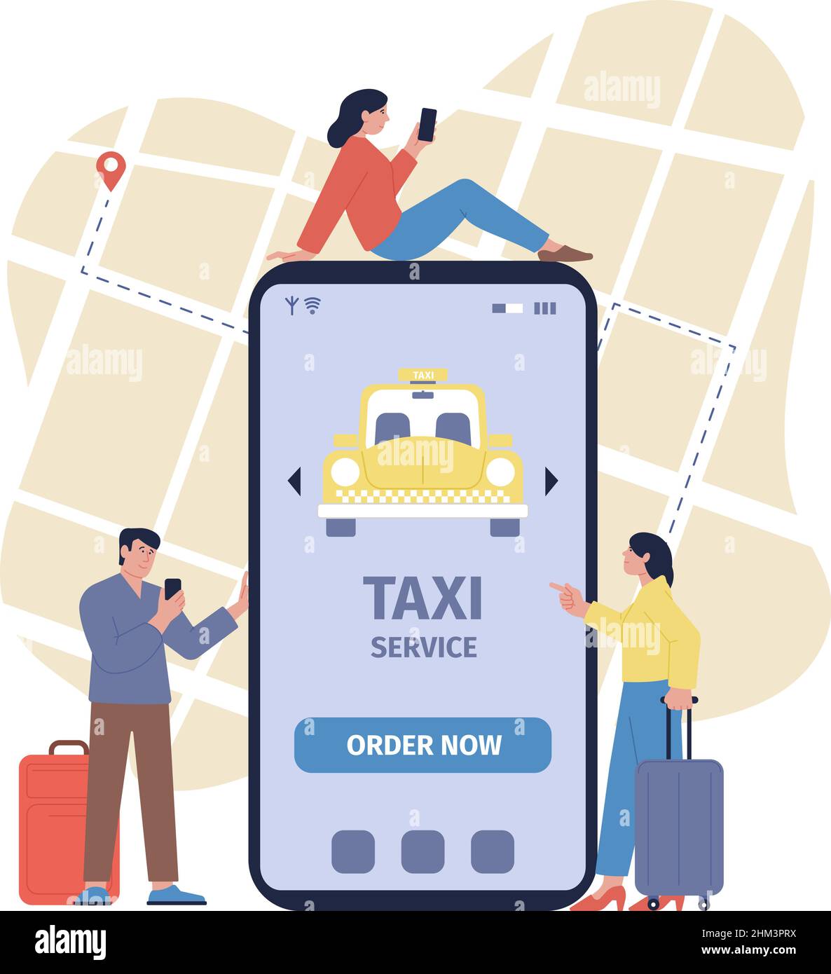 Taxi mobile. Trasferimento da/per l'aeroporto o condivisione di auto, app per il trasporto mobile. Servizio urbano, online flat turisti e uomini d'affari scelgono veicolo, recente Illustrazione Vettoriale