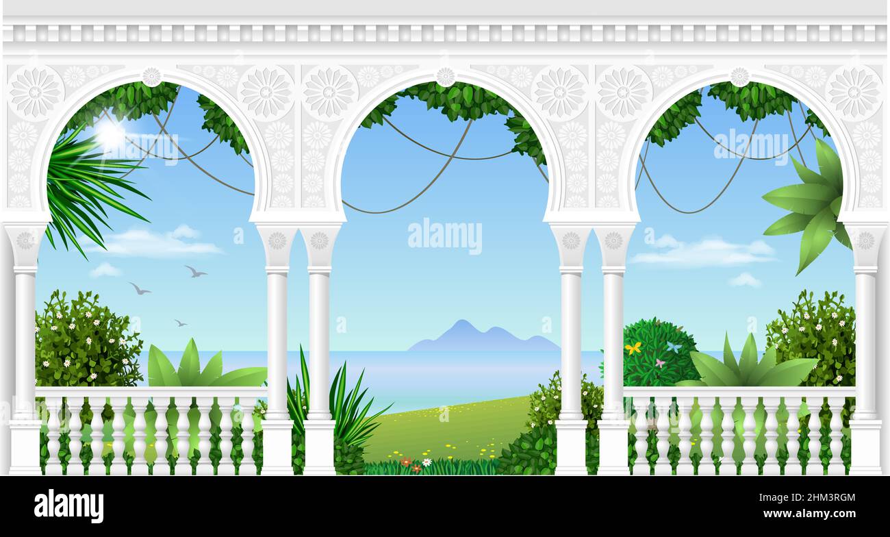 Un balcone di un favoloso palazzo in stile orientale con vista sul paesaggio tropicale. Grafica vettoriale Illustrazione Vettoriale