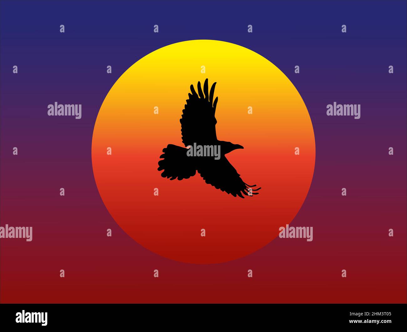Illustrazione che mostra la silhouette di un corvo che vola sullo sfondo del tramonto. Foto Stock