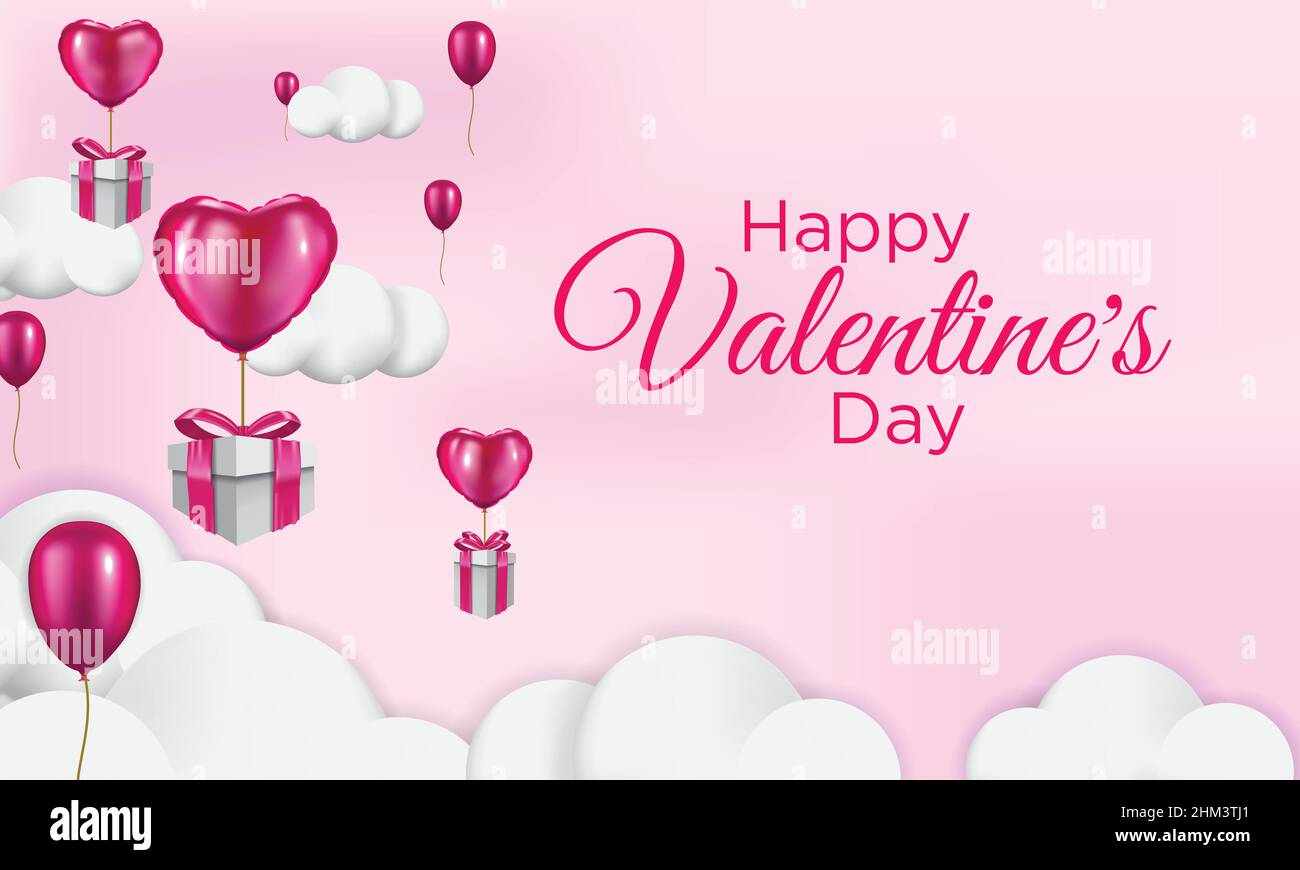 Scatole regalo con pallone a cuore che lo galleggia il cielo, carta felice San Valentino, 3D stile realistico Illustrazione Vettoriale