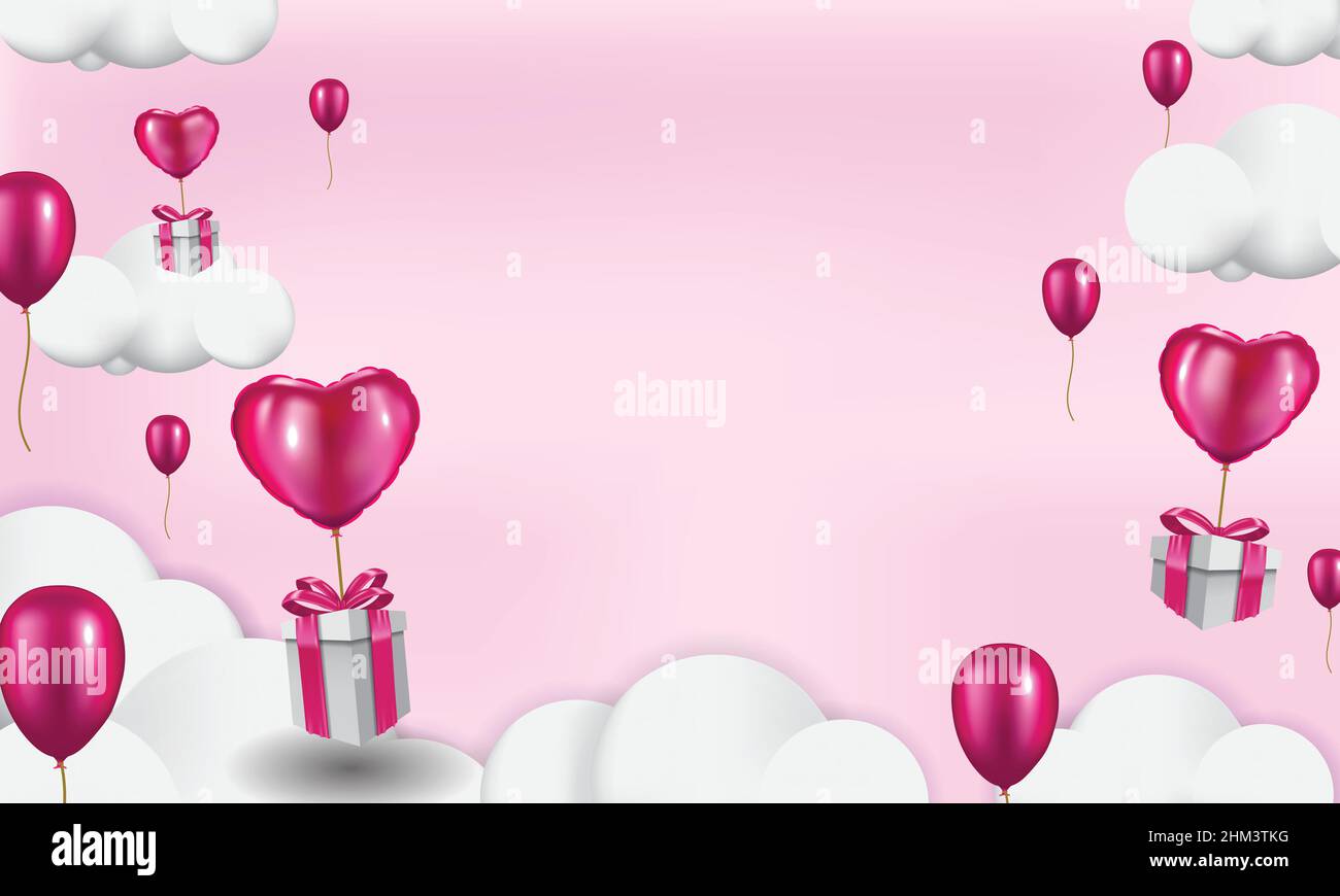 Confezioni regalo con pallone a cuore che lo galleggia il cielo, modello di sfondo San Valentino, 3D stile realistico Illustrazione Vettoriale