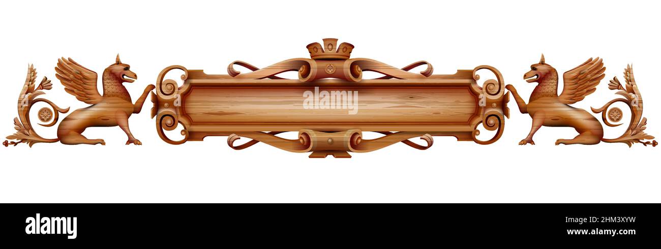 Antico piatto di legno con leoni e stemma. Grafica vettoriale. Titolo. Scultura in legno Illustrazione Vettoriale